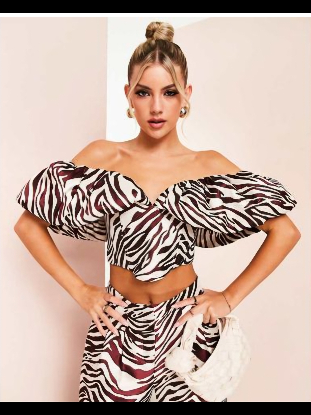 ASOS Off-Shoulder Zebra Print Puff Sleeve Crop Top - White & Brown